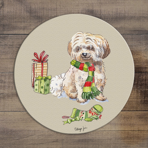 Havanese Fawn Cream Christmas Circular Glass Worktop Saver